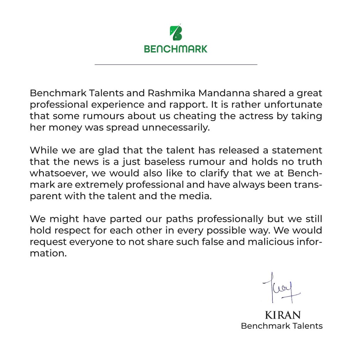 rameshlaus's tweet photo. Talent management agency @Benchmark_T and @IamRashmika released statements to clear the air about the recent rumours.
Both the parties are said to have parted aways amicably and have no disagreement in terms of money.
#BenchmarkTalent #RashmikaMandanna https://t.co/jzJ9PRqJyD