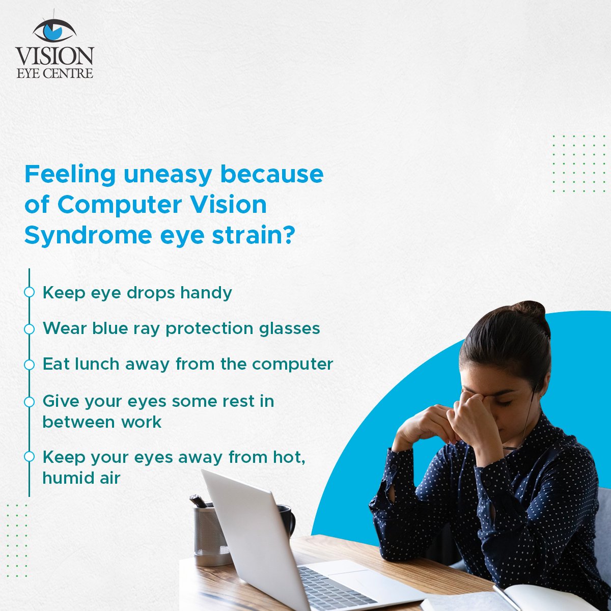 #Computervisionsyndrome can make a person suffer from #eyeredness, #eyefatigue, #dryeyes, and #headaches, #blurryvision, shoulder and #neckpain and a lot other discomfort. Here are some do’s that can limit these symptoms and help you work on your computer.
#VisionEyeCentre #delhi