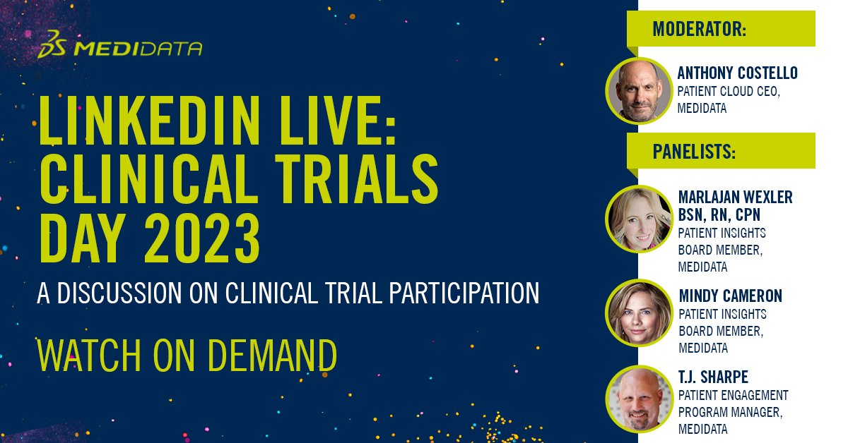 It’s not too late to catch @Medidata's #ClinicalTrialsDay #LinkedInLive! Watch Patient Cloud CEO @findajc, Patient Engagement Program Manager @TeamTJSharpe, + @marlajan & @mindycam discuss the latest developments in #ClinicalResearch: mdso.io/0rx