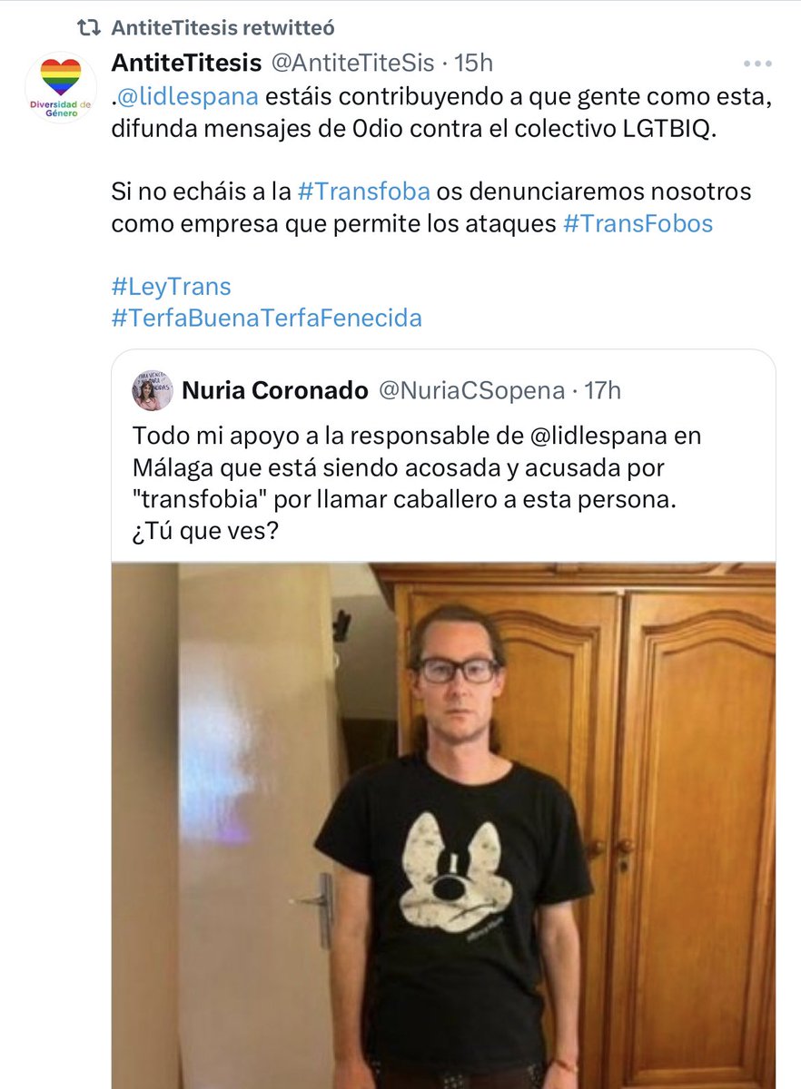 NoSoyLaGente's tweet photo. Esto es jodídamente maravilloso. Todo son reivindicaciones hasta que alguien le lleva la contraria y entonces reacciona de la misma forma que denuncia en su primer tuit. https://t.co/Ajf3LwZ9o0