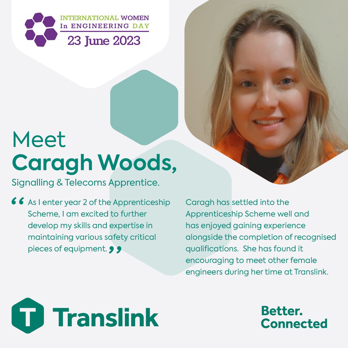 To celebrate International Women in Engineering Day Translink caught up with one of our Apprentices to #MakeSafetySeen 👷‍♀️

@INWED1919 #INWED23