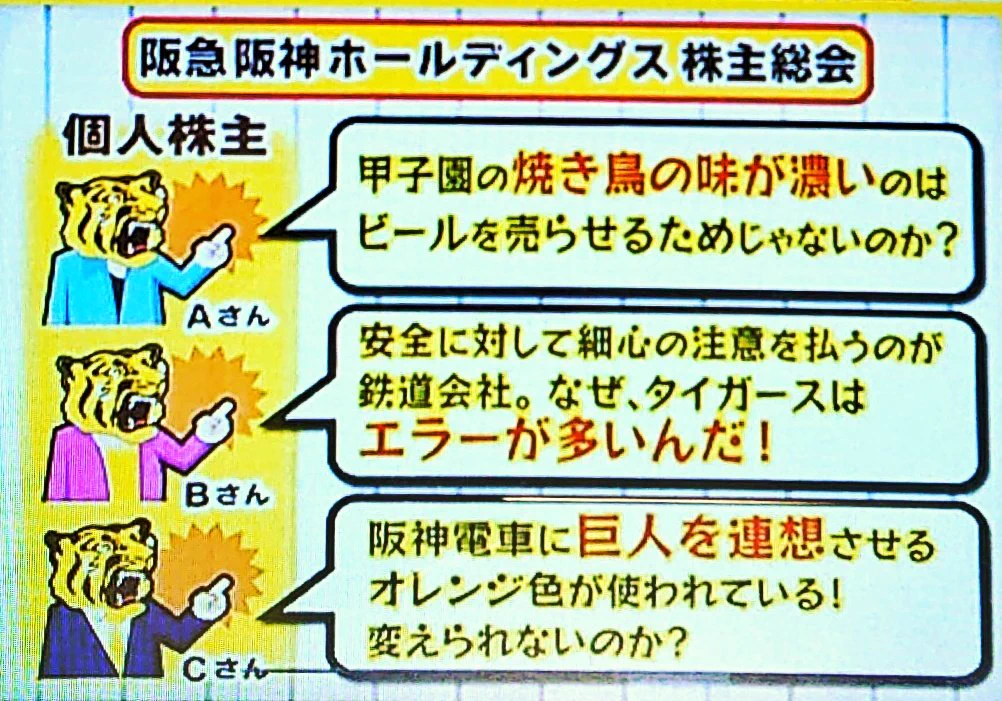 阪神阪急ホールディングスの株主総会。タイガースのへの理不尽な要望だらけww