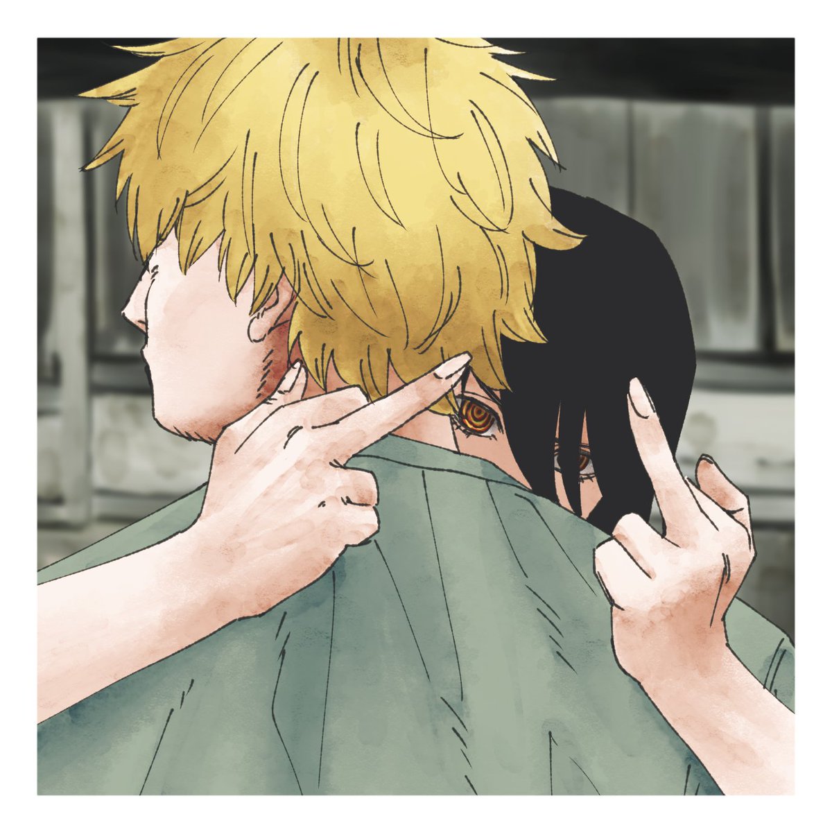 denji (chainsaw man) 1girl 1boy black hair blonde hair short hair shirt hug  illustration images