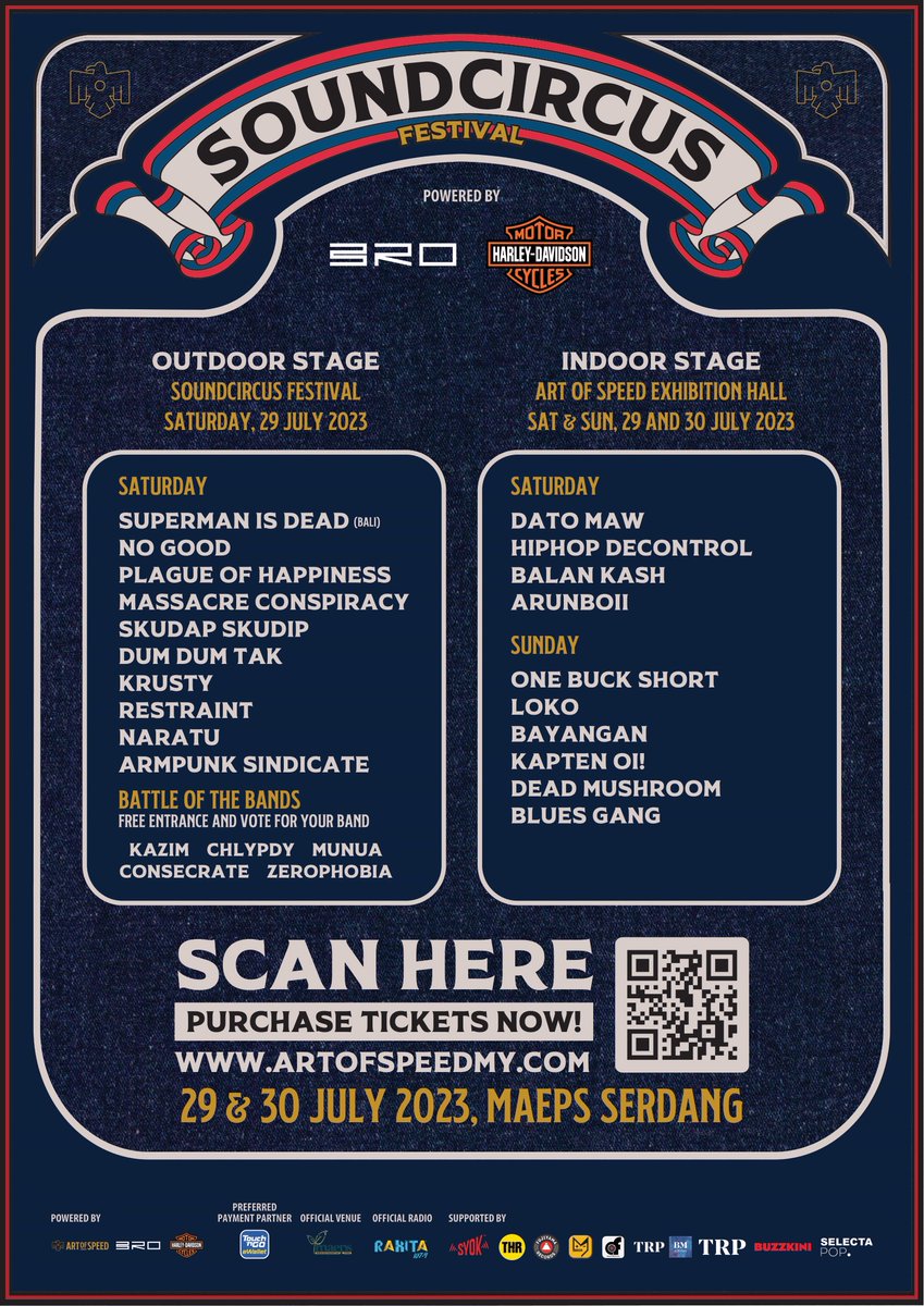 🏁SOUNDCIRCUS FESTIVAL 2023🏁

Full lineup for Outdoor & Indoor Stage feat. Superman Is Dead, No Good, Plague of Happiness, Massacre Conspiracy, Dum Dum Tak, One Buck Short, Dead Mushroom, Blues Gang & more!

SCF: RM120 / Combo: RM135
artofspeedmy.com
#SCF2023 #AOS2023