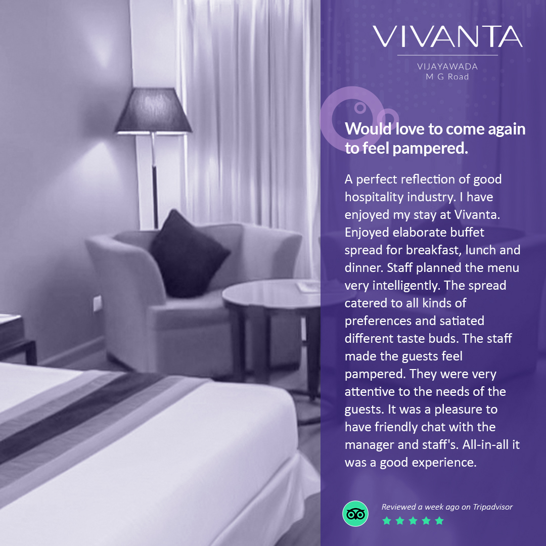 Our top priority is providing exceptional experiences to our guests, inspiring us to go the extra mile.

#CustomerTestimonial #Feedback #Experience #Guestexperience #Happyguests #VivantaHotels #VivaciousVivanta #VivantaVijayawada