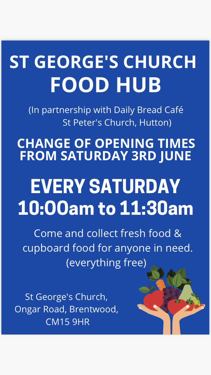 Don’t forget our food hub is open as always tomorrow 10-11.30am for anyone who would like a top up of food! Bread, fruit, veg and cupboard items available.