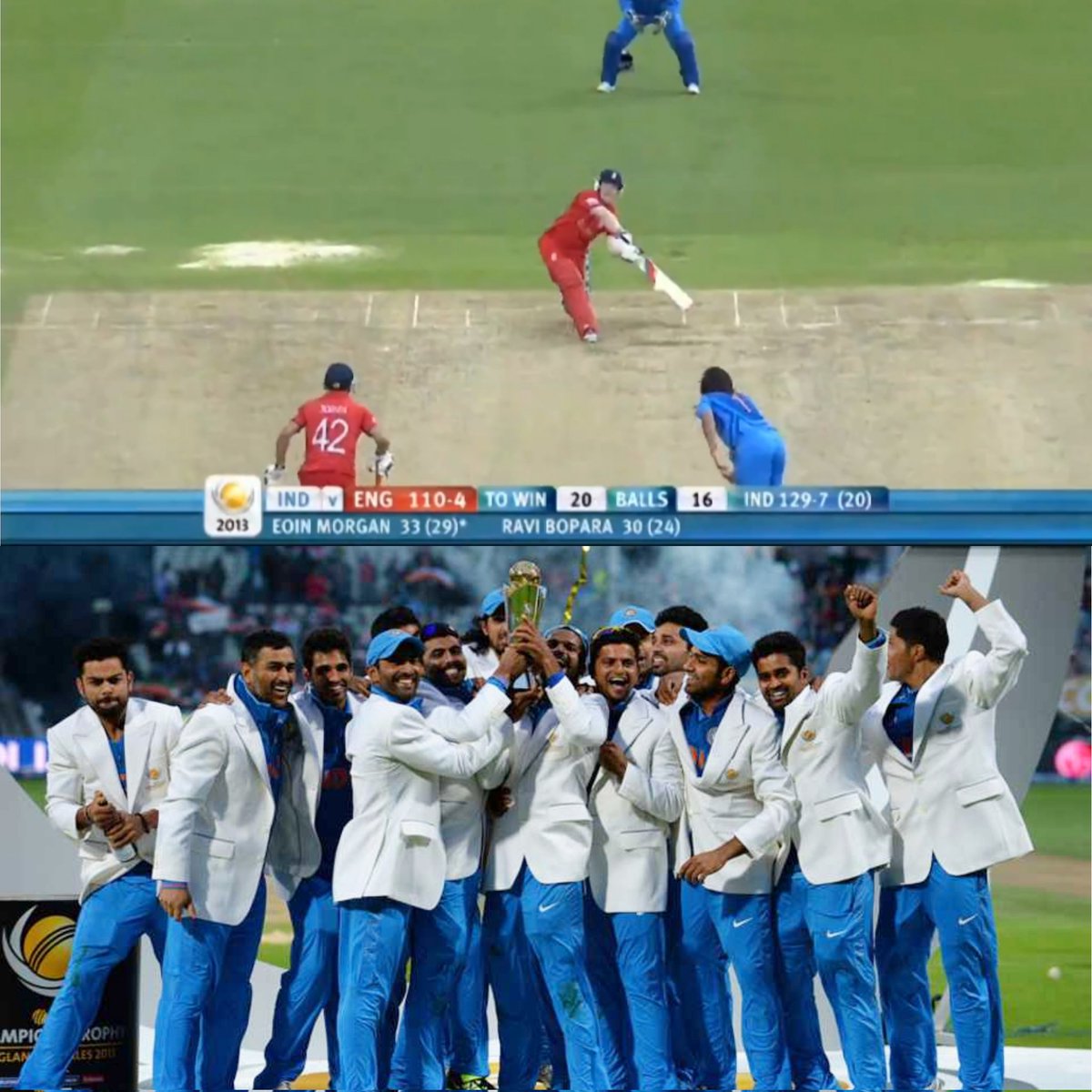 Ankitaker's tweet photo. On This Day 10 years ago India won the champions trophy out of no where 😮🔥 England were so close to the victory but India held their nerve and MS Dhoni became the only Captain to win all the ICC tournament after the match 🔥 https://t.co/9j1AEx3WaH