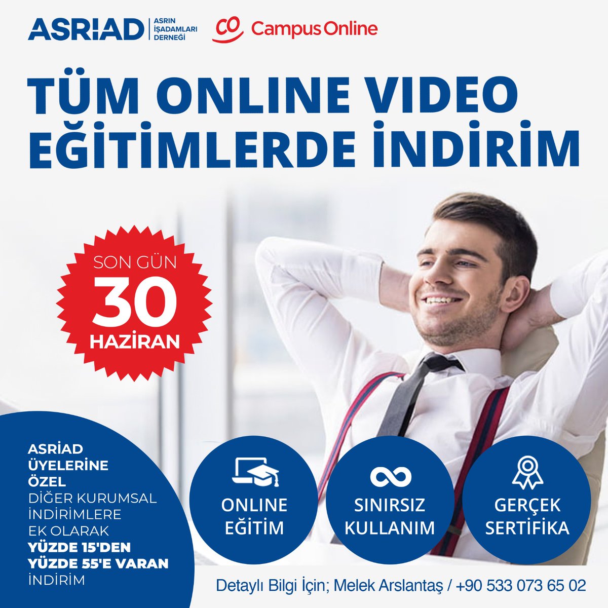 ASRİAD ve Campus Online işbirliği ile üye iş insanlarımıza tüm online video eğitimlerde mevcut kampanyalara ek, yüzden 15 ile yüzde 55 arasında özel indirim fırsatı!

Son gün: 30 Haziran Cuma

#onlineeğitim #kampanya #öncenitelik

Ayrıntı:
campusonline.com

İndirim ile…