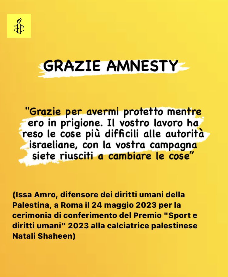 AmnestySWANA_IT's tweet photo. GRAZIE AMNESTY
"Grazie per avermi protetto mentre ero in prigione. Il vostro lavoro ha reso le cose più difficili alle autorità israeliane, con la vostra campagna siete riusciti a cambiare le cose”
(Issa Amro, difensore dei diritti umani della Palestina)
#Palestina #IssaAmro https://t.co/3GdClTb0IX