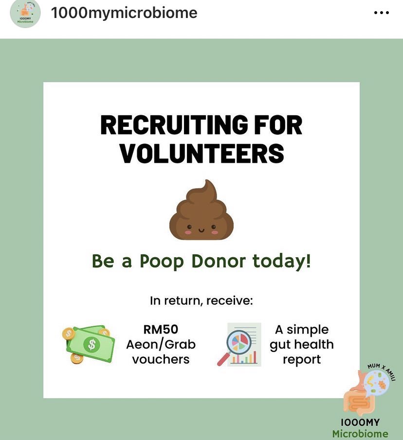 Random side hustle alert! Donate your poop and get RM50 cash voucher 💩 Further info/q pls directly contact 1000mymicrobiome  or refer to linktr.ee/1000mymicrobio…