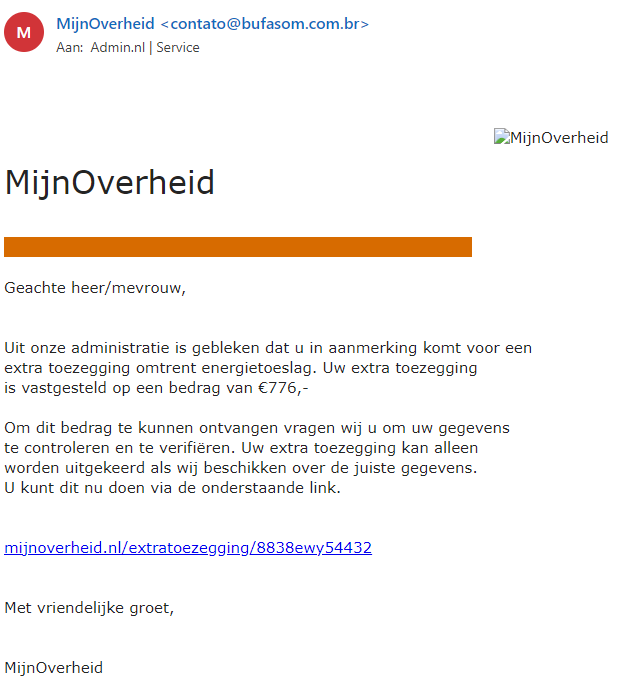 Ad_minamsterdam's tweet photo. Het lijkt erop dat #MijnOverheid een nieuw e-mailadres heeft: <contato@bufasom.com.br>😉#phishing #energietoeslag @MOwebcare https://t.co/Z4m3Kawps9