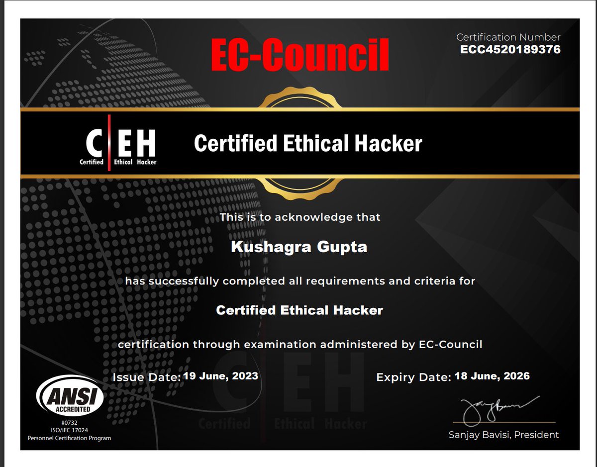 Hey!! twitter fam I'm excited to share that I've successfully cleared my CEHv12 exam!  The path wasn't easy, as I failed in my first attempt. But I refused to let it to discourage me . Instead, I prepared myself give a second chance and hit it.
#eccouncil #CEHv12 #hacker