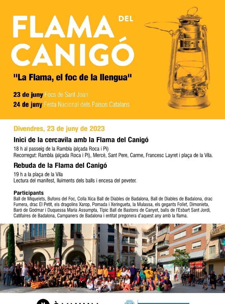 Les nostres bèsties participen a la rebuda de la flama del Canigó.
🕕18h inici cercavila a la Rambla (Roca i Pi)
Recorregut: Mercè, st. Pere, Carme, Francesc Layret
🕕19h rebuda de la flama a la pl. de la Vila
Organitza @omniumbdn i <a href="/AjBadalona/">Ajuntament de Badalona</a>