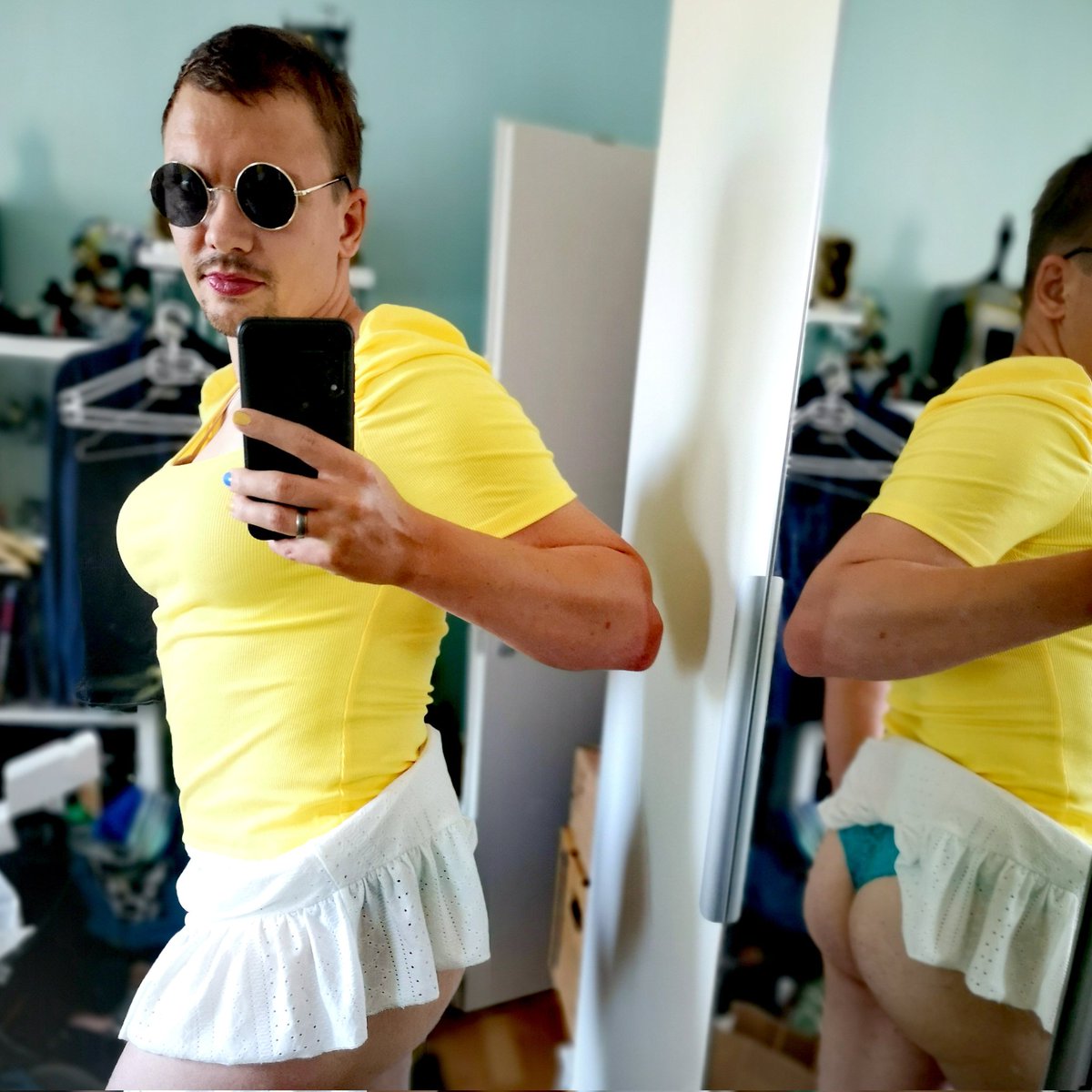 Crossing_Bonny's tweet photo. Don't let anyone make you believe the length of your skirt is a measure of your character. - Amitabh Bachchan
#femboy #crossdresser #crossdressing #crossdress #lipstick #skirt #shortskirt #ass #femboyass #Sunglasses #boobs #yellow #asscleavage #mirror #mirrorselfie https://t.co/d5VPSHVtfl