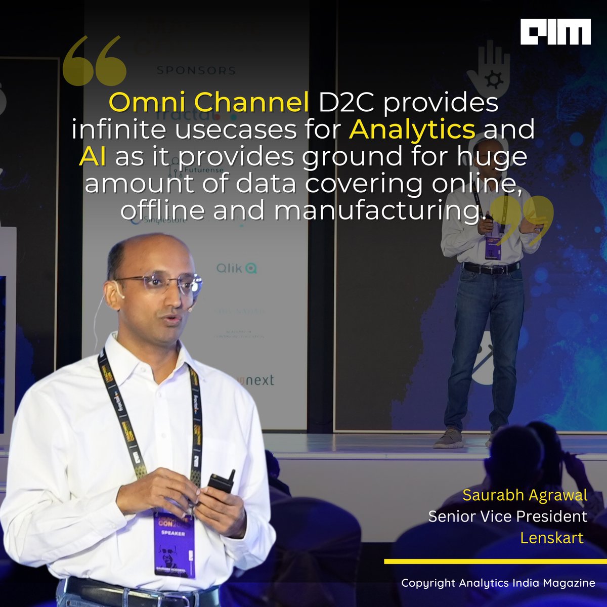 Analyticsindiam's tweet image. #MachineCon23 ’s next session, Saurabh Agrawal, Senior Vice President at @Lenskart_com, takes the stage to dive deep into the world of #OmniRetail channels. He discussed how cutting-edge #analytics and #AI are revolutionizing the retail landscape, creating seamless and…
