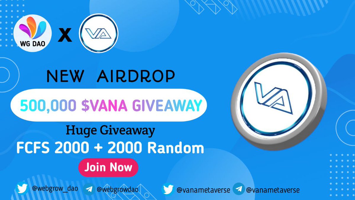 #Fcfs
Fcfs 2000 & Random 2000 people only 🤑

PRIZE POOL 🏆 500,000 $VANA GIVEAWAY 🤑💰

👉FOLLOW: @WebGrow_Dao X @vanametaverse
👉Retweet & tag 3 frns 😍
👉 Finish gleam 👇
gleam.io/competitions/3…

#Crypto #cryptocurrency #CryptoNews  #Giveaway  #token #Airdrops #ReferAndEarn