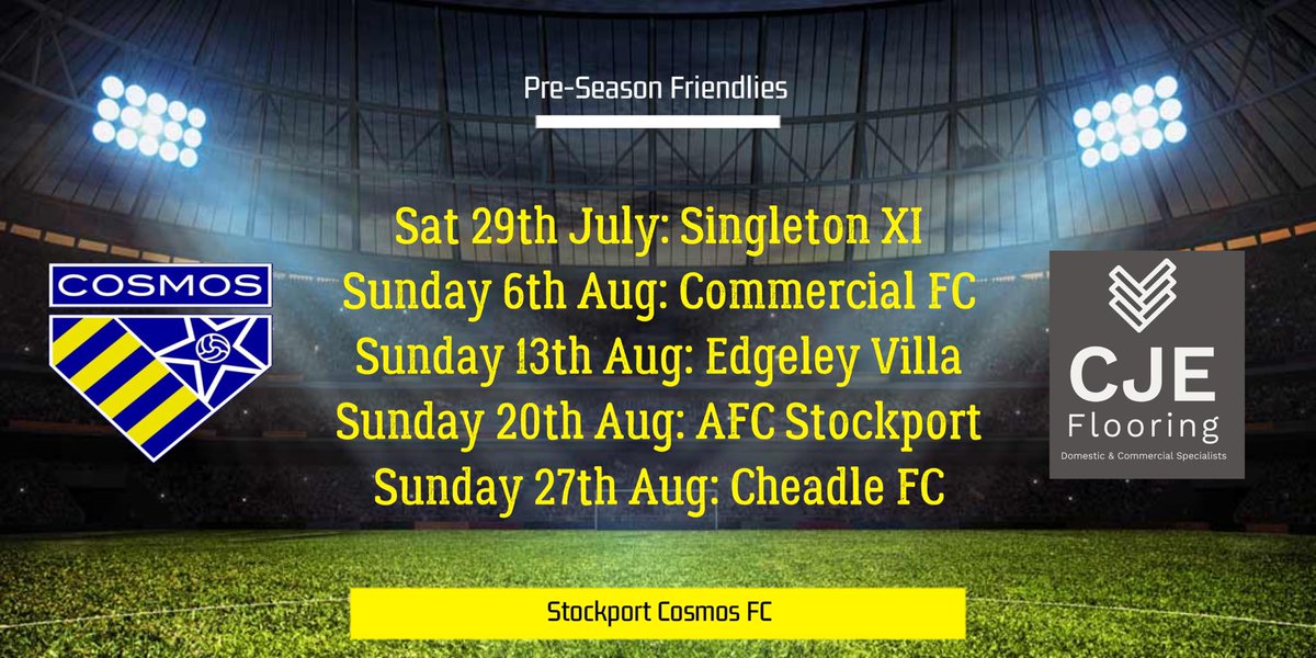 StockportCosmos's tweet photo. Getting set for Pre-Season. 

Training begins 16th July with the following schedule now set. 

Ready to welcome aboard new sponsors for the forthcoming season. 

The team are aiming to build on last seasons Division 3 Title sucess and carry this forward into Division 2. https://t.co/6FQZmQKEFA