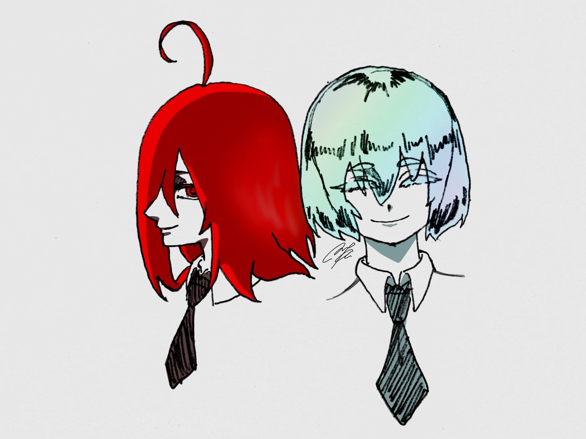 red eyes red hair ahoge necktie multiple others 2others androgynous  illustration images