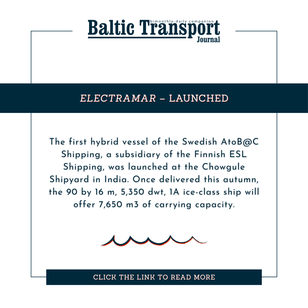 BT_Journal's tweet photo. Electramar - launched

The first hybrid vessel of the Swedish AtoB@C Shipping, a subsidiary of the Finnish ESL Shipping, was launched at the Chowgule Shipyard in India.

Learn more > https://t.co/2mRqe5G7kD https://t.co/kM8jT3rBQx