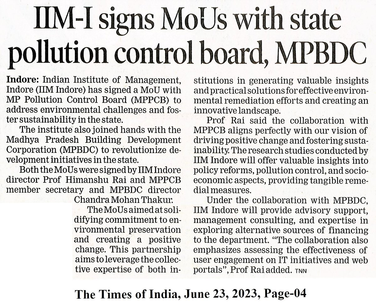 IIM_I's tweet photo. "This collaboration with #MPPCB & #MPBDC aligns perfectly with our vision of driving positive change and fostering #sustainability. We'll offer valuable insights into policy reforms, pollution control, and socio-economic aspects" - Prof. @askhimanshurai.
#IIMIat26 @MP_MyGov https://t.co/Abo7JEkF9C