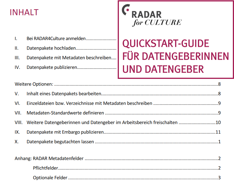 Unser neuer Quickstart-Guide erklärt Forschenden aus den #Kulturwissenschaften, wie sie ihre #Forschungsdaten schnell, unkompliziert und kostenfrei bei #RADAR4Culture publizieren können: radar.products.fiz-karlsruhe.de/de/radarabout/… 

radar4culture.radar-service.eu
<a href="/nfdi4culture/">@nfdi4culture@nfdi.social</a> #NFDIrocks
