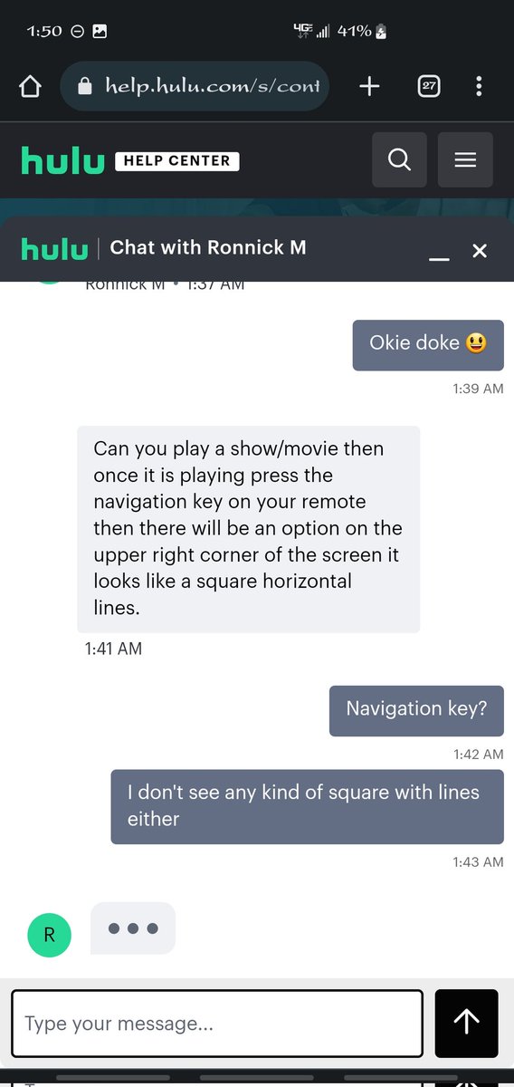 FiraFirecat's tweet photo. By the time we finally get to troubleshooting, ta-da, frozen again. Kinda had a feeling when the typing went on forever, so tried to send a test message and it didn't even show up in the chat. Sorry but "3 strikes, youse outs.", as Squirrley Dan might say. #hulu #huluhelpcenter https://t.co/vrcTYeR4t1