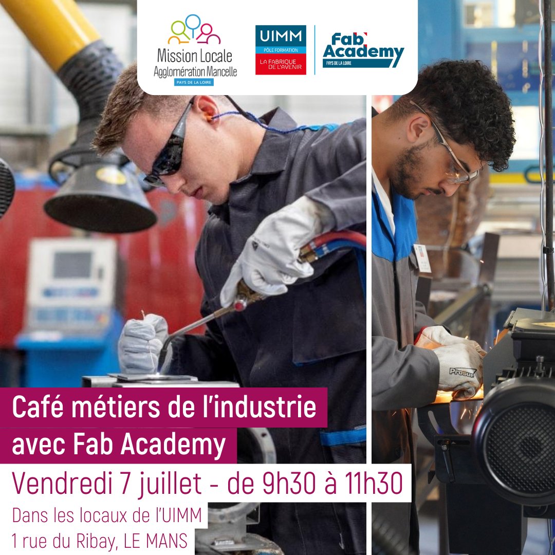 ⚙️ Vous souhaitez découvrir les métiers de l’industrie ?

📆 Rendez-vous le vendredi 7 juillet pour un café métier organisé par la Mission Locale avec la Fab Academy ! 

📲 Inscription ici : linscription.com/pro/activite.p…

#cafémétier #MissionLocale #mlmans #industrie #formation