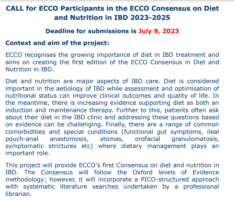 📢 Calling all #IBD experts in diet and nutrition! 
🌱 Don't miss out on the opportunity to apply for the ECCO Consensus on ##Diet and #Nutrition in IBD. 
So excited this is FINALLY happening! <a href="/D_ECCO_IBD/">D-ECCO</a> 
🗓️ Deadline: July 9th
➡️apply here: cm.ecco-ibd.eu/cmProposalSubm…