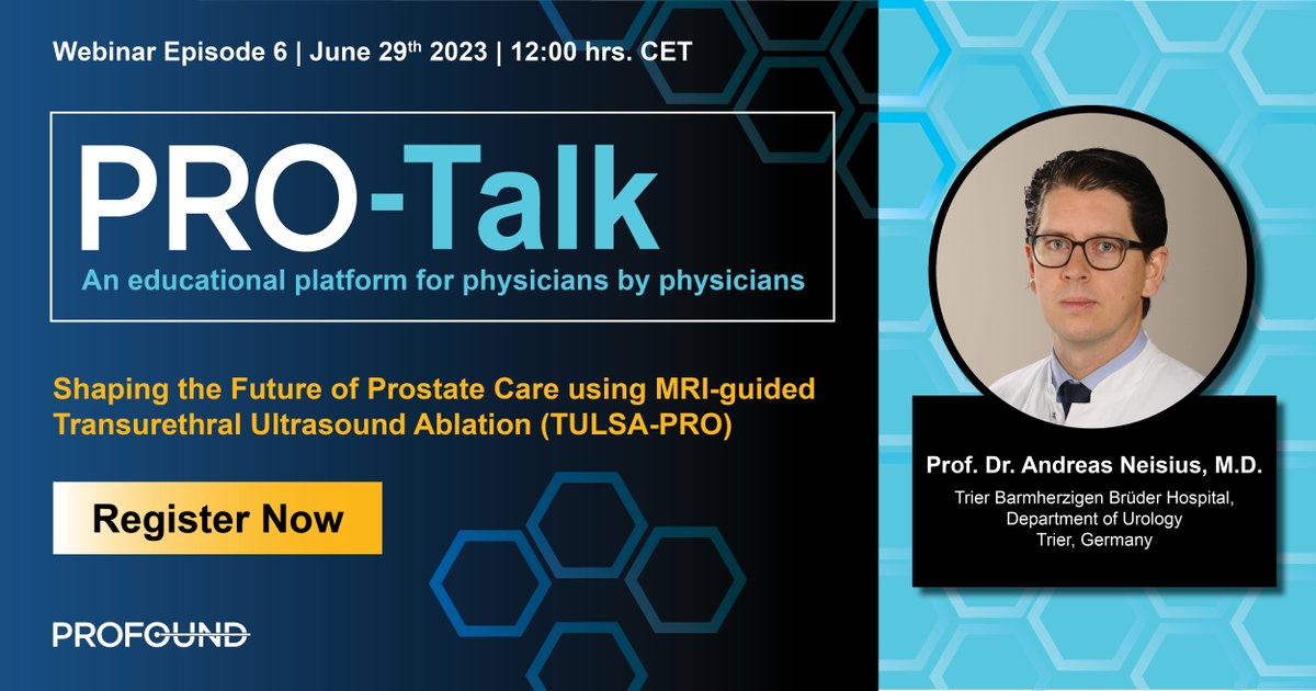 Don't forget to sign up for the 6th episode of our PRO-Talk webinar series! Hear from Prof. Dr. Andreas Neisius, who will share his clinical experience using the #TULSAPRO system. Register here: ow.ly/3rfu50OV6FE

#scienceandtechnology #urology #radiology #tulsaprocedure