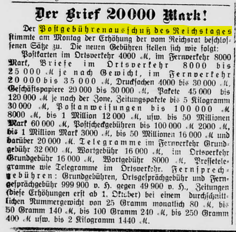 KamenzPresse's tweet photo. Die #Inflation1923 treibt die Preie in allen denkbaren Bereichen in die Höhe: im August 1923 wird das Porto für überregionale Briefe auf 20.000 Mark erhöht.
(Kamenzer Tageblatt, 16. August 1923) https://t.co/nkXtMFpeWI