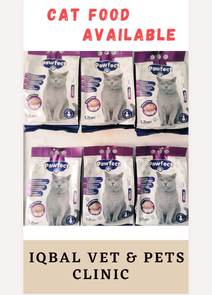 Pawfect Cat Food Available at Iqbal Vet & Pets Clinic
Visit our Clinic & Get Your Pack 
Location:Chungi No.5 Burewala
To Buy Online, Place your order at our Whatsapp No. 03096629402
#pawfectmatch
#veterinarianclinic
#catfood
#petfood
#cats
#feline