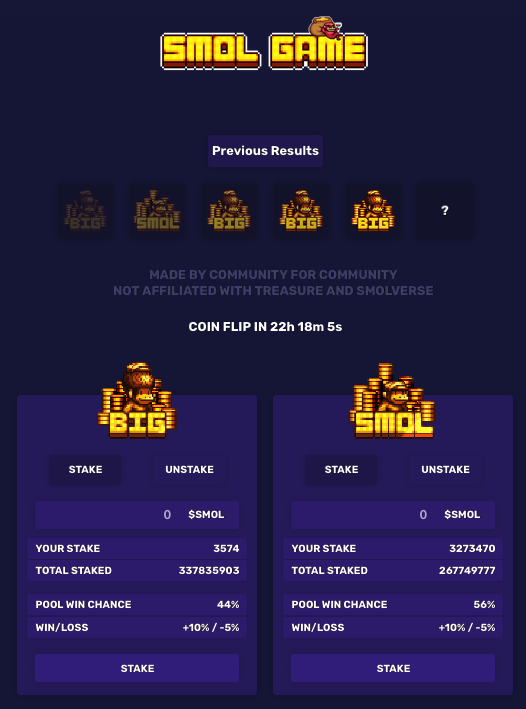 Flip #57
Big 55% chance to win
Smol 45% chance to win

💰Big wins! Big is inevitable as we near the end of Smol Game!

Congratulations to the winners!
Next Flip #58 chance now:
Big 44%
Smol 56%