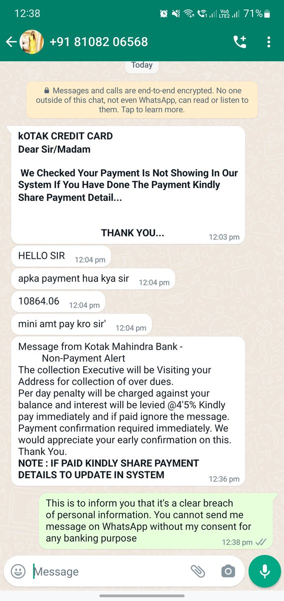 ContactSagarG's tweet photo. @KotakBankLtd @anandmahindra
Do you allow your employees to contact and threaten your customers on WhatsApp? Isn't it sensitive customer data breach ? 
#databreach #kotak 
@GDPRbreaches @gdprAI @GoI_MeitY https://t.co/RO49DmEe4u