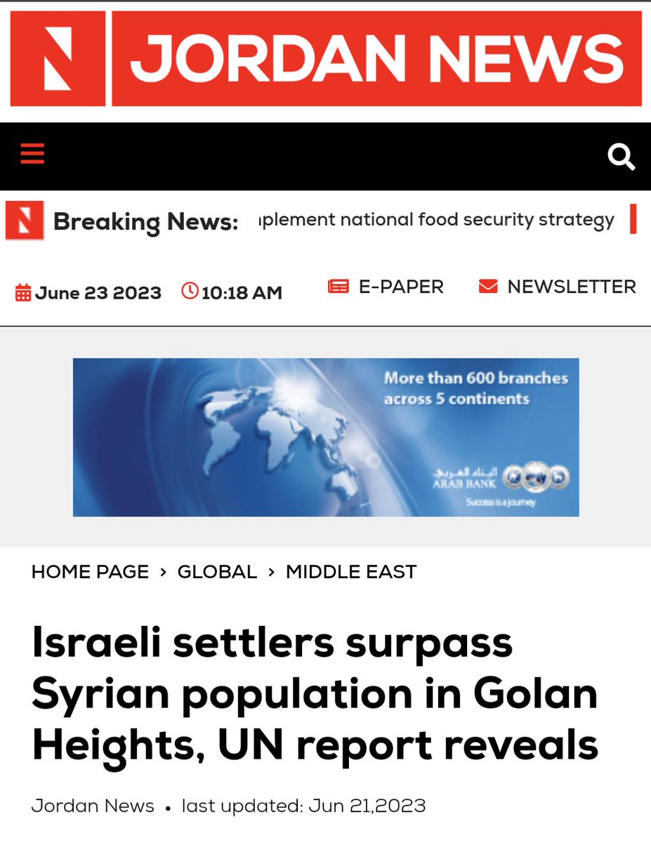 According to a recent report by the UN, the number of Israeli settlers residing illegally in the occupied Golan Heights has exceeded the native Syrian population.
jordannews.jo/Section-20/Mid…