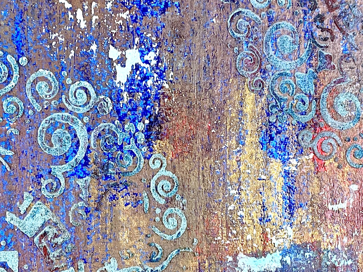 "Out of the wall, into the art I" On handmade 100% cotton paper 440 gr/sqm, approx. 48 x 38 cm. In object frame with museum glass 62,5 x 52,5 cm. Iron ground, metal ground #copper, #Bronze, tin bronze, aluminum, oxidation media, ornaments of the #Renaissance, #Damsk, antique inks