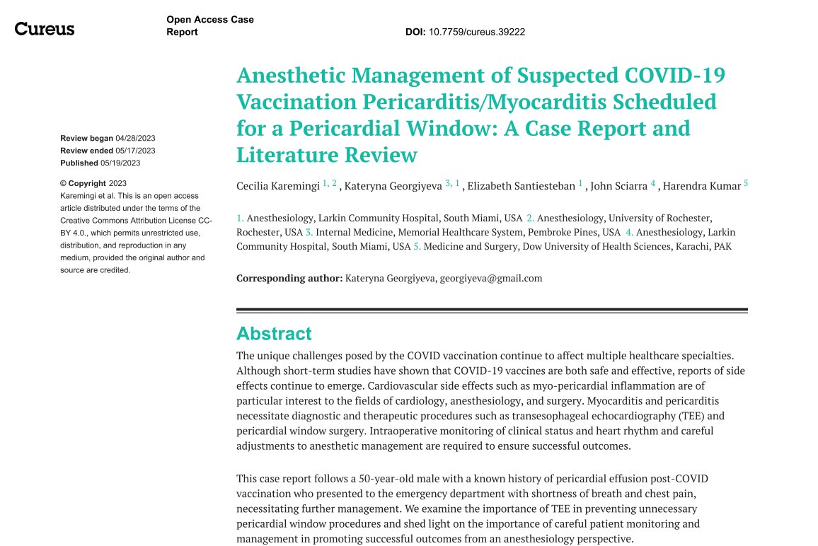 'Anesthesiologists should be aware of the potential for pericarditis & myocarditis in patients who have received the Pfizer-BioNTech COVID-19 vaccine & take appropriate precautions to monitor and manage any  potential complications during anesthesia.'
ncbi.nlm.nih.gov/pmc/articles/P…