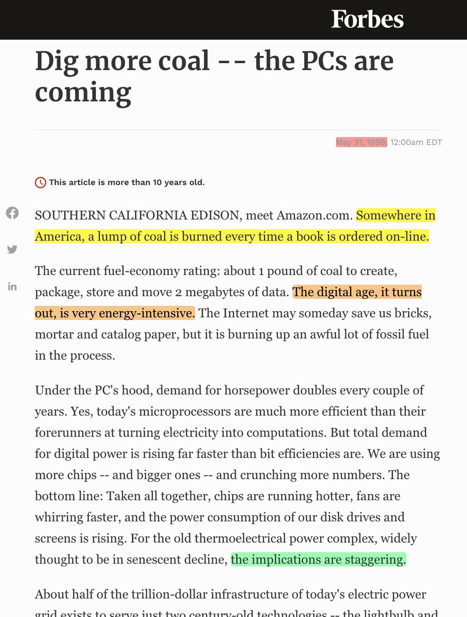 Forbes (in 1999) said the #internet was awful because it uses too much electricity.

Sound like #Bitcoin today? 🤯

Article: forbes.com/forbes/1999/05…