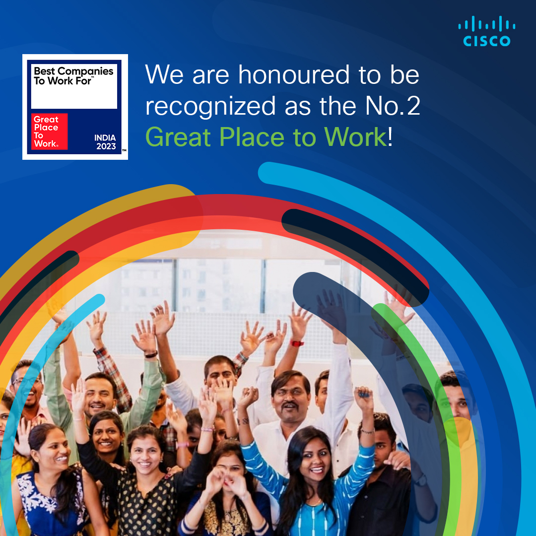 🎉 Cisco is honoured to be recognized as the No.2 Great Place to Work in India!

Thank you to everyone for your relentless pursuit of excellence and making Cisco a truly exceptional workplace. Let's celebrate! 🥳 
#WeAreCisco #GPTWCertified