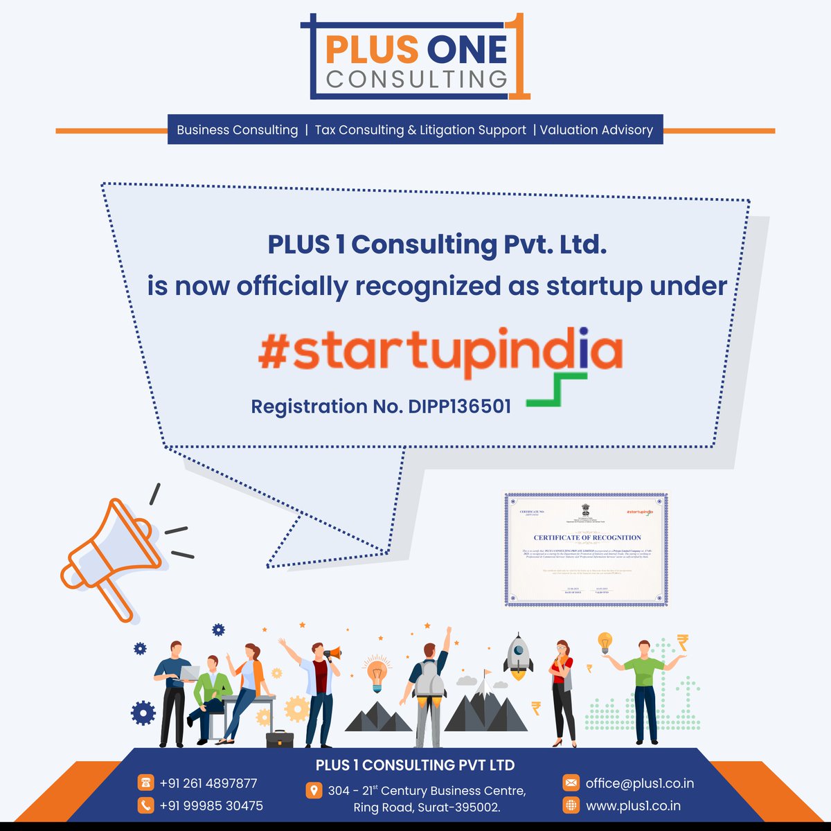 plus1consult's tweet photo. PLUS 1 Consulting Pvt. Ltd.
is now officially recognized as startup under
STARTUP INDIA

#Plus1Consulting #StartupIndia #Startup #Entrepreneur #Business #India #Entrepreneurship #IndianStartups #StartupIdeas
#BusinessConsulting #TaxConsulting #LitigationSupport #ValuationAdvisory https://t.co/2dFBYH6gpK