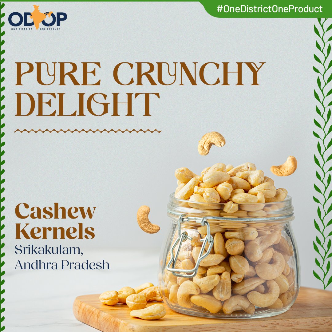 #OneDistrictOneProduct

Cashew kernels, with their sweet & buttery flavour, are versatile ingredients used in cooking, baking, snacking, & making cashew milk, butter, & cheese.

Know more at bit.ly/II_ODOP

#AndhraPradesh #InvestInAndhraPradesh #ODOP #InvestIndia @AP_EDB