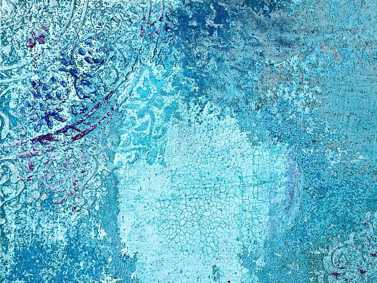 "Out of the wall, into the #art III" On handmade 100% cotton paper 440 gr/sqm, approx. 48 x 38 cm. In object frame with museum glass 62,5 x 52,5 cm. Iron ground, metal ground #copper, #Bronze, tin bronze, aluminum, #oxidation media, ornaments of the #Renaissance, #Damsk, ink