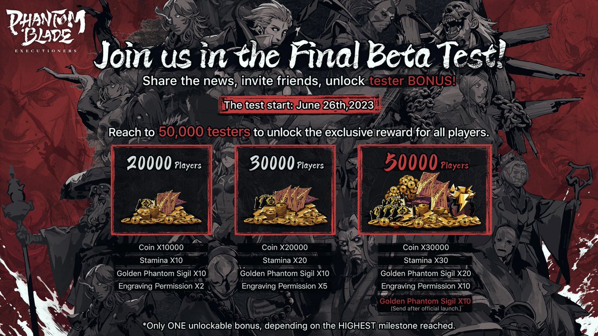 PBEX_global's tweet image. 📢Get ready for the final beta test!
Retweet and share the news, invite friends, and unlock tester bonus!🎊
🎁10x free Golden Phantom Sigil for every tester when the game is officially released if we manage to get reach 50,000 tester this time. 
#PBEX #SGAME