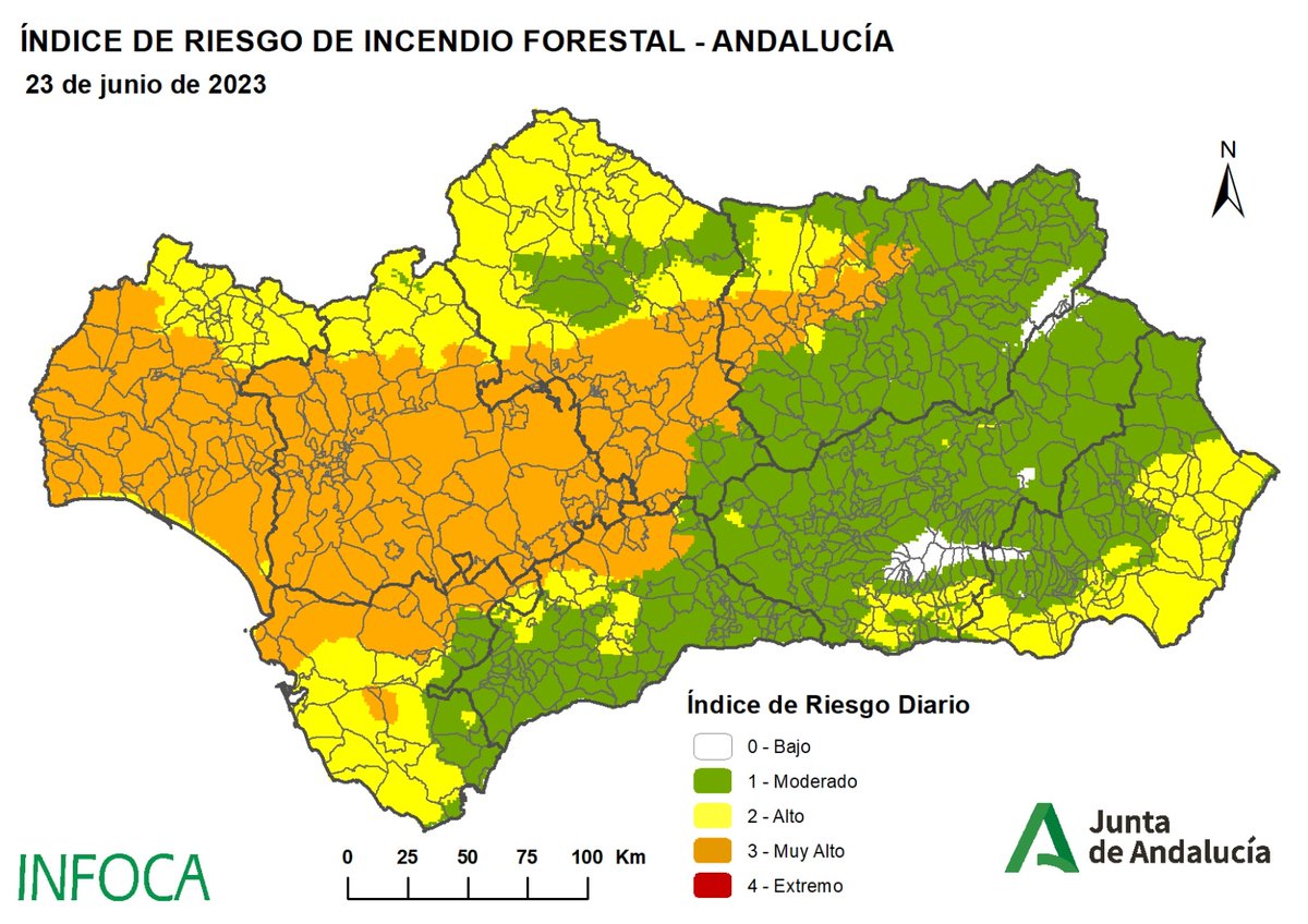 Plan_INFOCA's tweet photo. 🗺️ RIESGO INCENDIOS FORESTALES #Andalucía | 23/06/23
... Veamos los mapas con ÍNDICES de RIESGO del "finde". En ellos, nuestra #UTAF contempla todas las circunstancias que pueden condicionar la propagación y virulencia de los incendios.
RIESGO MUY ALTO. Activa TODA TU #Precaución https://t.co/v9auN49rBV