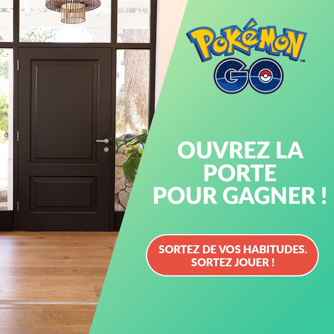 Dresseurs, les aventures de #PokemonGO vous attendent juste derrière votre porte ! 🏃‍♀️🏃🏃‍♂️🚪 Ouvrez-la en retweetant ce post. 🔁 Avec 100 retweets et un peu de chance, une surprise vous attendra ! #DONTMISSOUTGOOUT