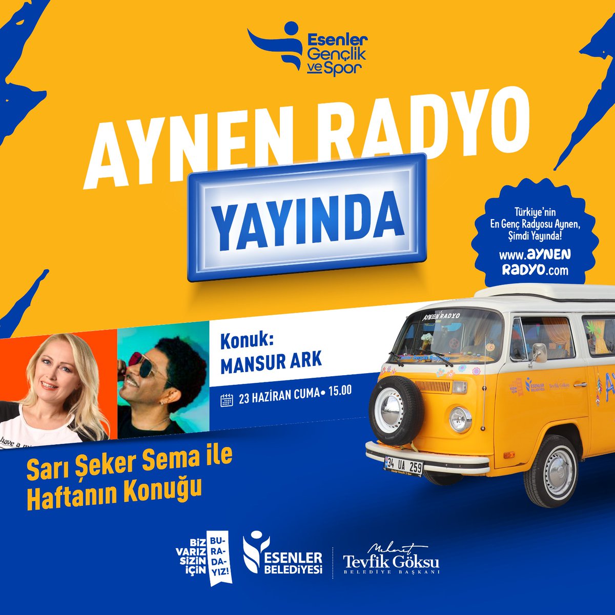 ebgenclikspor's tweet photo. Aynen Radyo Yayında! Aynen Radyo Yollarda! 🚎🤩

Bugün saat 15.00'te @sarisekersema ve @mansurark ile canlı yayında sizlerleyiz. 🎙️🎶

Dinlemek için 👉 https://t.co/78tDENd4me https://t.co/bqHnnybvsE