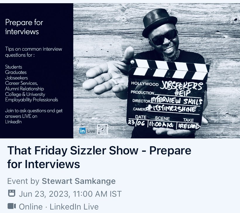 TODAY @LinkedIn 

⭐️ That Friday Sizzler Show ⭐️  

How to prepare for Interviews. 

A show to help #jobseekers #students #graduates #careerservices #alumnirelationship #university #college #hr #recruiters 

🔴 Would YOU like to attend?

linkedin.com/video/event/ur…

#itstime2shine 🌍
