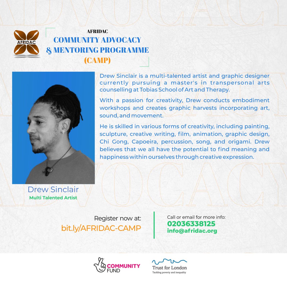 afridac1's tweet photo. We are excited to introduce #drewsinclair as one of our esteemed speakers!
Get ready for an inspiring, valuable, and informative event!
Click https://t.co/vQUj1V4SJN
NOW to register.
#communityadvocate #advocacy #camp #afridac https://t.co/gkbT3PmOep