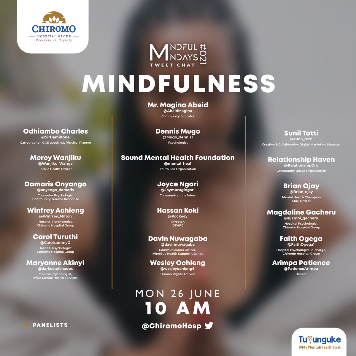 Wanjiku_Wanga's tweet photo. How well do you focus on your present for your mental health wellness? Save the date and time and let's talk # mindfulness courtesy of @ChiromoHospGrp
#MindfullMondays https://t.co/i8oTnX4PLW