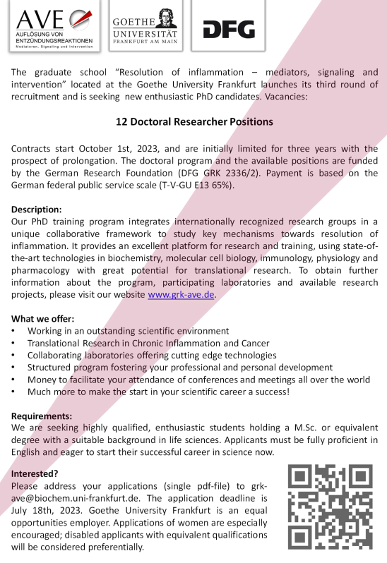 The DFG-funded graduate program “Resolution of inflammation” grk-ave.de is recruiting 12 doctoral researchers. If you want to start your scientific career with us, apply now! #PhDGermany #PhD #sciencejobs #resolutionofinflammation #translationalresearch @goetheuni