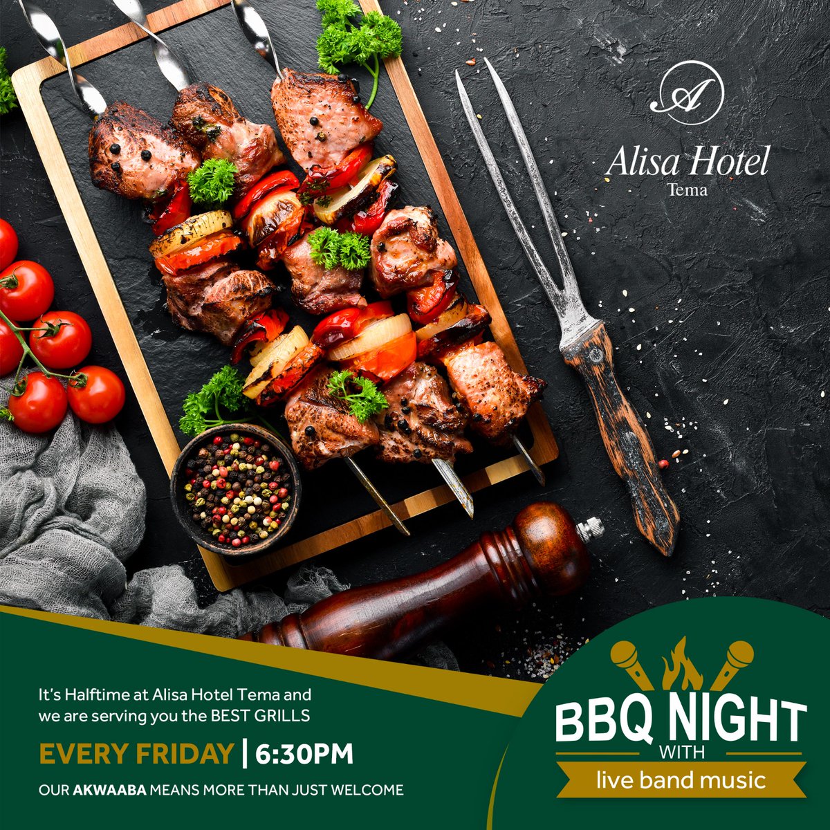 AlisaHotelGroup's tweet photo. It's Friday! Indulge is our weekly BBQ Night and discover all we have for you at Alisa Hotels Tema!
For inquiries, contact 0302750930/ 0501631252
#alisahotels #alisatema #ItsHalftime #fridaybbq https://t.co/gZTFVieOkv
